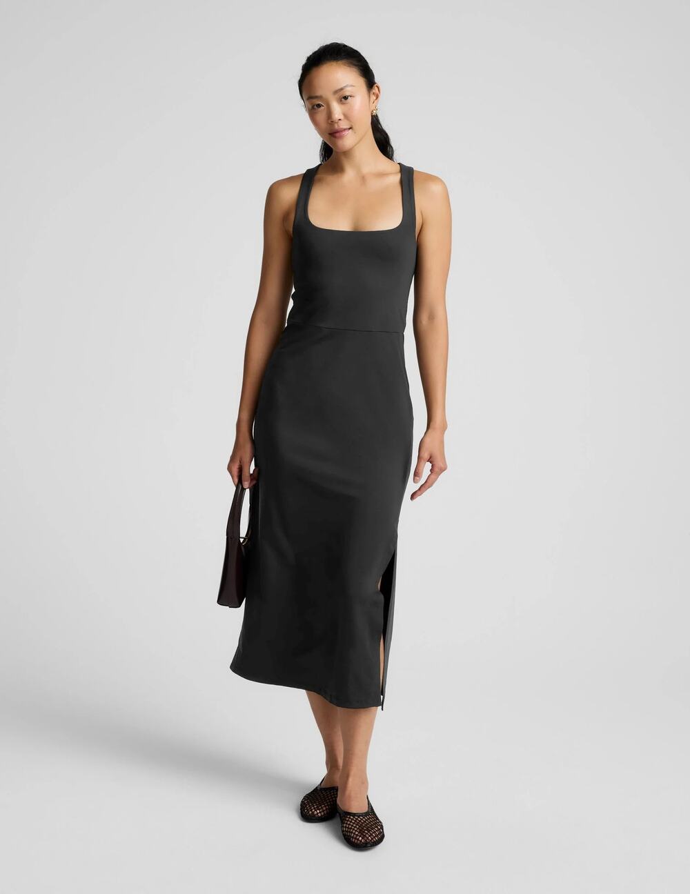 Beyond Yoga Black Square Neck Midi Tank Dress Side Slit Size Small